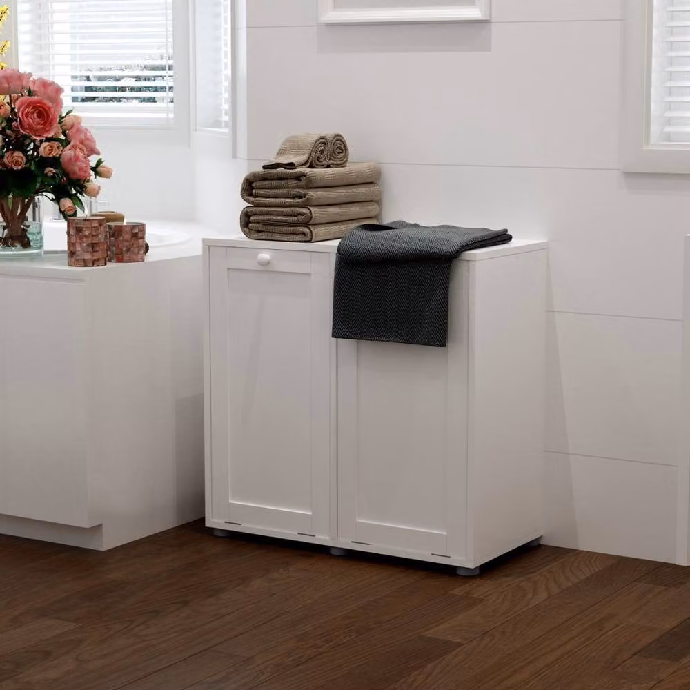 SPOT ON DEALZ White Slim Bathroom Cabinet with 2 Foldable Laundry Baskets, H 68 cm x W 33 cm x D 66 cm – 2