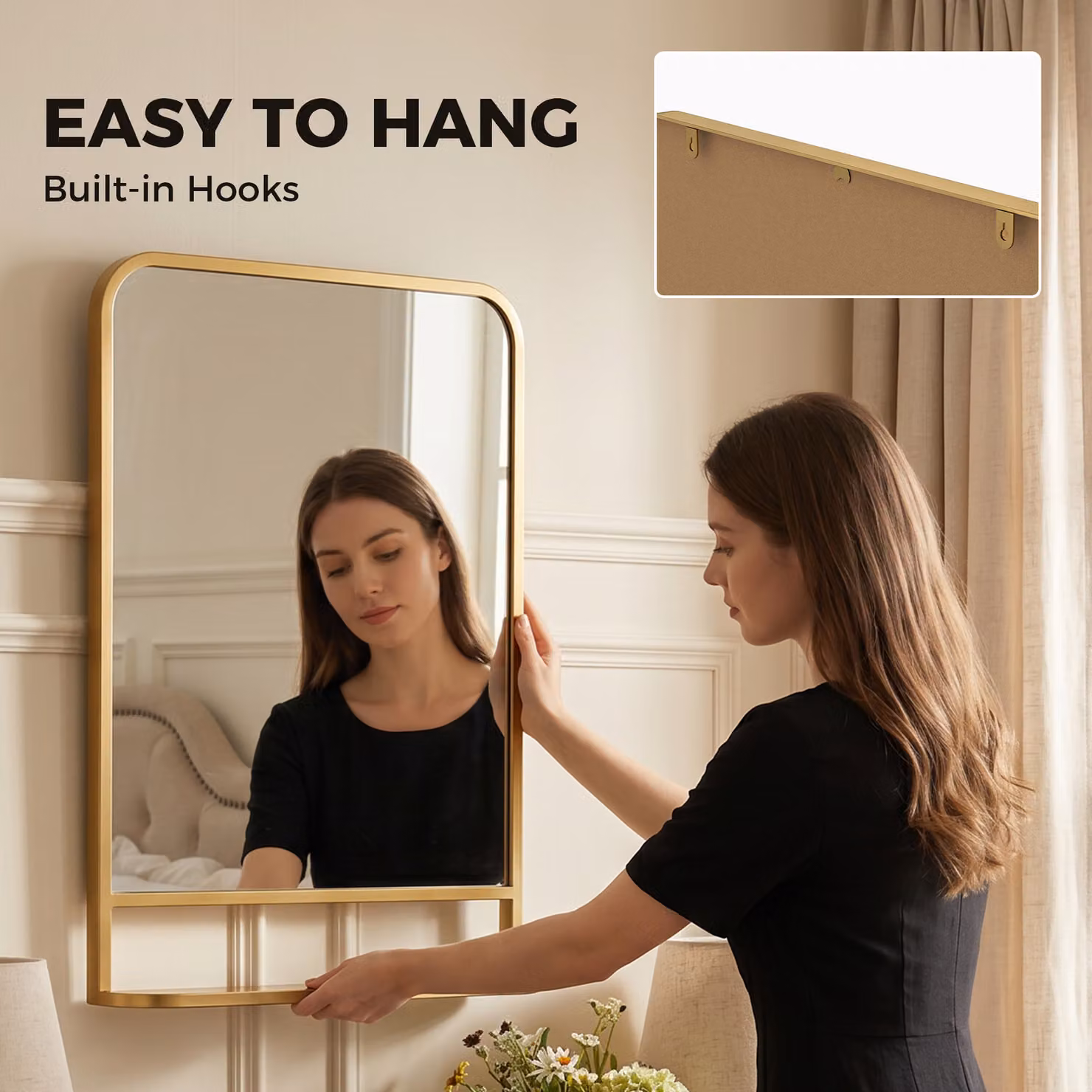 HOMCOM Modern Rectangular Wall Mirror with Storage Shelf, Gold Tone, W: 70 cm, H: 50 cm – 4