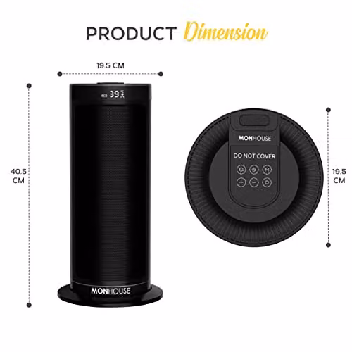 MONHOUSE 2000W Energy Efficient PTC Ceramic Portable Fan Heater with Remote Control and 12H Timer, Black, W/D/H: 40 x 40 x 40 cm – 6