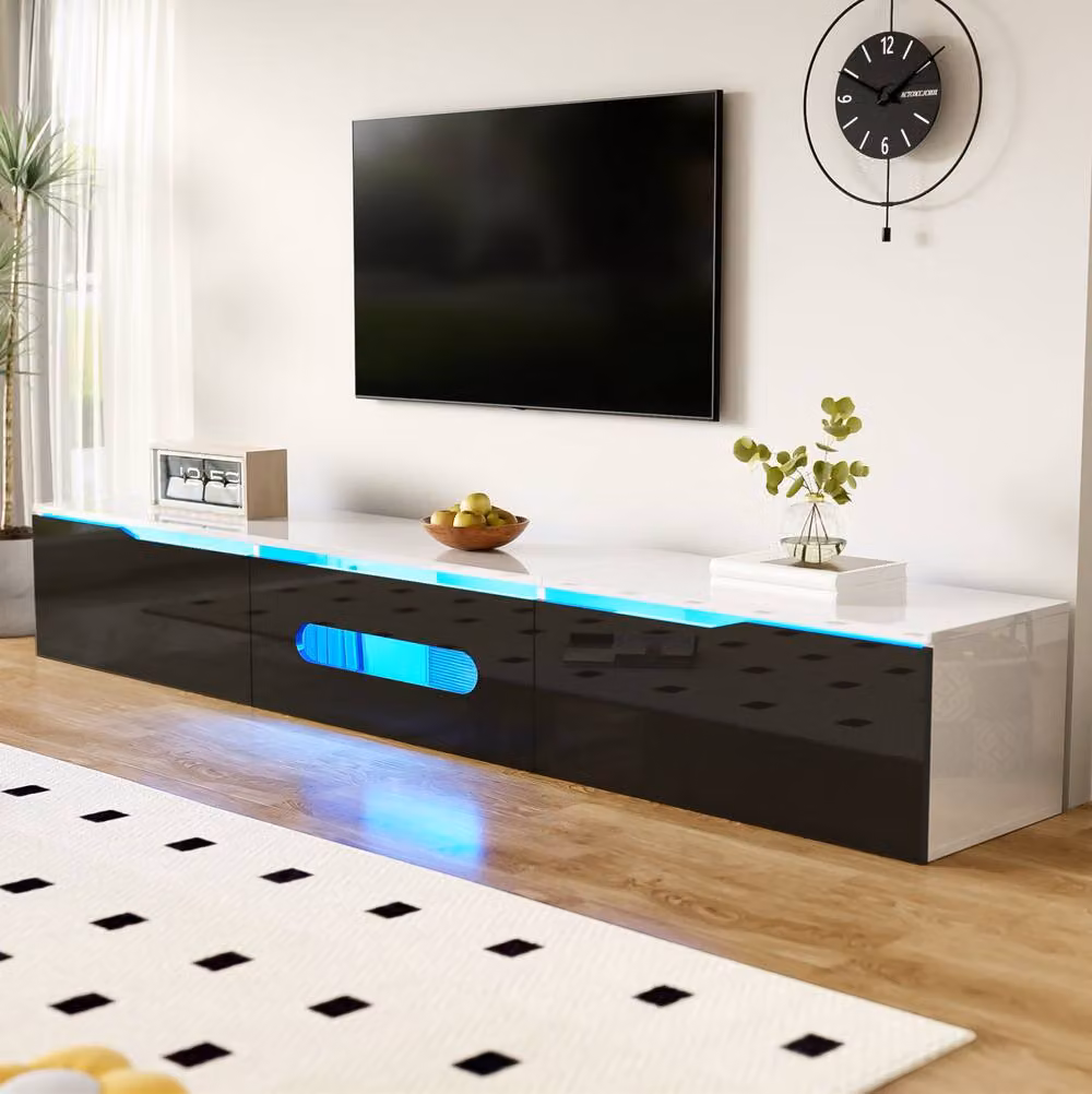 STILVORA Modern Glossy TV Cabinet with LED Lighting, Black and White, Width: 180 cm – 2