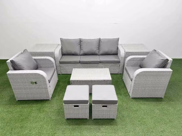 Fimous PE Rattan Garden Furniture Set in Light Grey with Upholstered Cushions, 3-Seater Sofa, Lounge Armchair, Coffee Table and Ottoman
