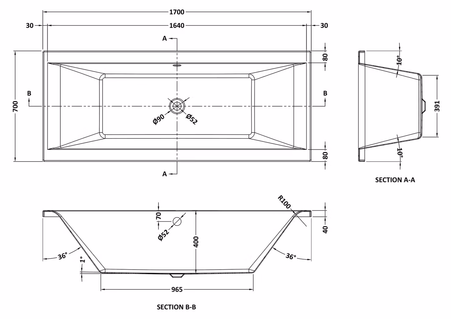 Balterley Modern Rectangular Double Ended Straight Shower Bath, White, W/D/H: 170 x 70 x 40 cm – 2