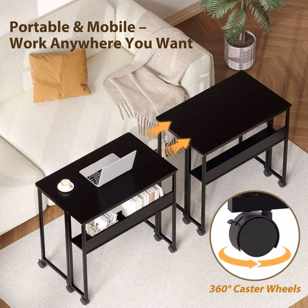 KORVIXA Black Folding Writing Desk with Storage Shelf and Castors, W/D/H: 100 x 100 x 74.93 cm – 5