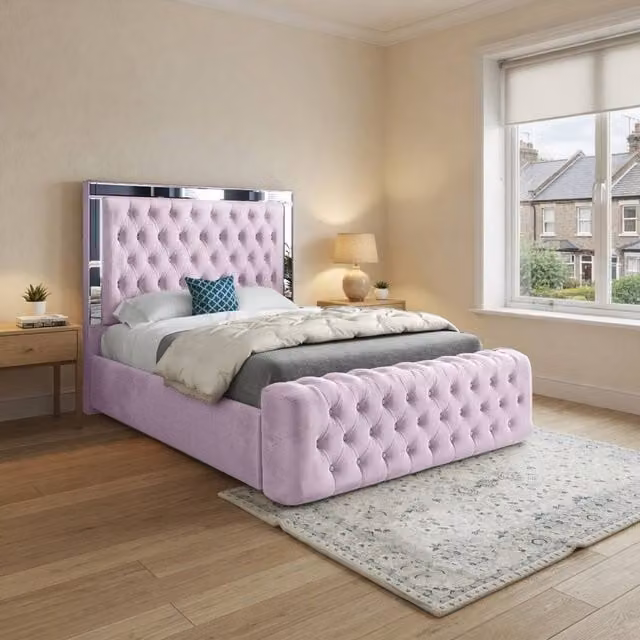 Casani Zennor Mirror Upholstered Designer Bed Frame in Pink Velvet, Super King, 200 x 200 cm – 1