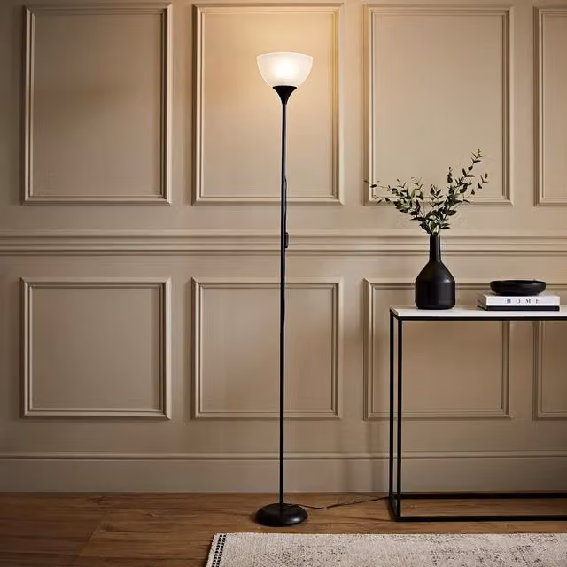 ValueLights Dalby Stem Uplighter Floor Lamp with Glass Shade and LED Bulb in Black and Copper, Height: 180 cm