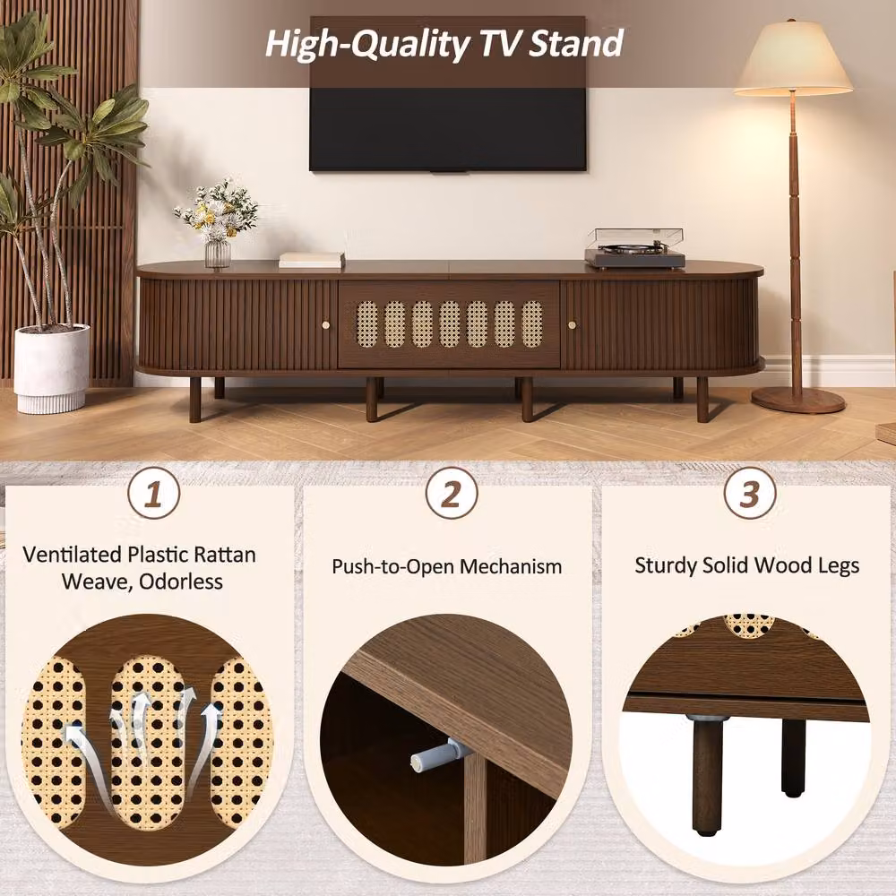 Merax Retro Brown TV Unit with Rattan Roller Doors and Media Compartments, W/D/H: 180 x 40 x 40 cm – 4