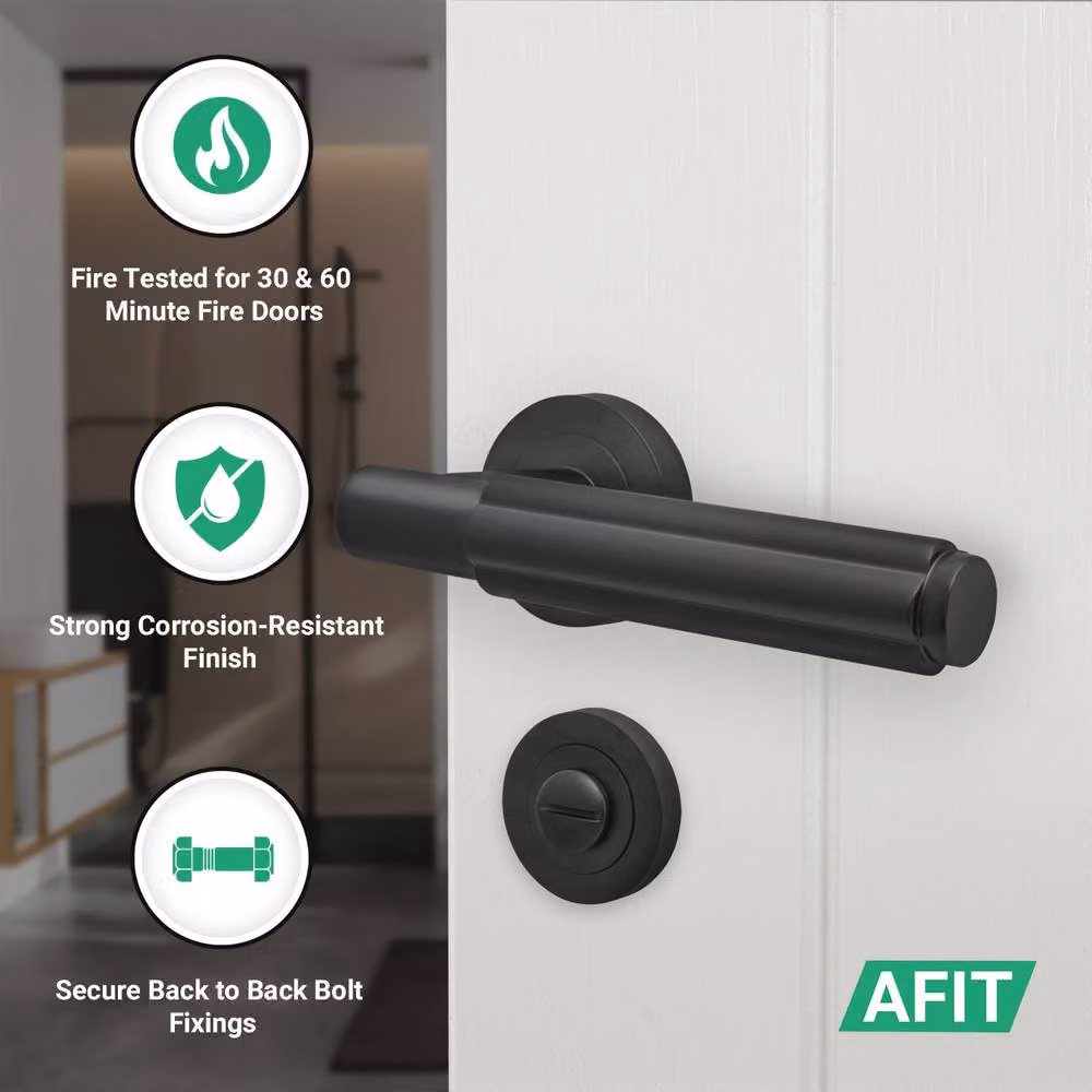 AFIT Matt Black Bathroom Door Handle Set with Lock and Hinges – 2