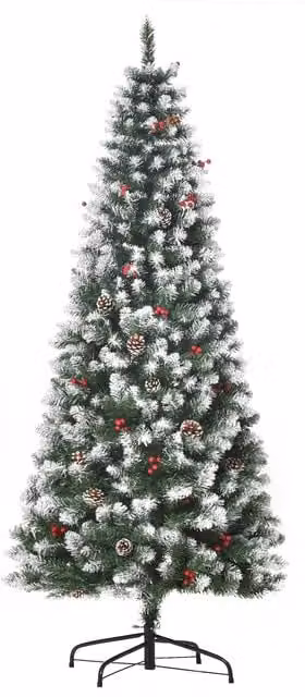 HOMCOM 6ft Prelit Green Christmas Pencil Tree with Red Berries and Pinecones