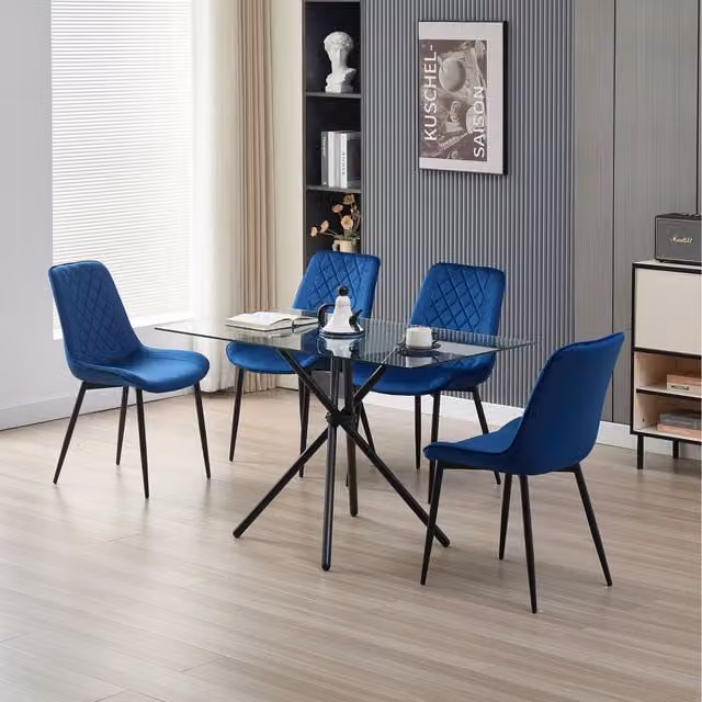 Madefor.living Miami Rectangular Glass Dining Table with 4 Blue Velvet Chairs