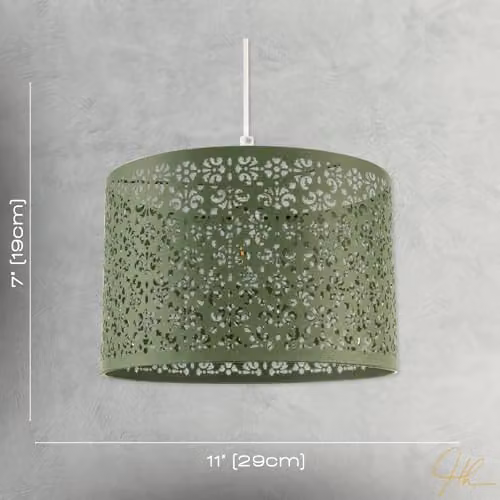 Happy Homewares Moroccan Green Metal Circular Pendant Light Shade with Floral Decoration, Diameter: 29 cm – 3