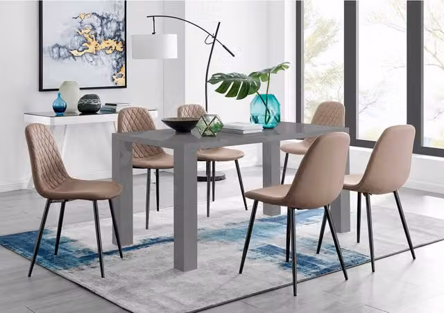 FurnitureboxUK Pivero Grey Rectangular Dining Table and 6 Corona Black Leg Chairs in Cappuccino