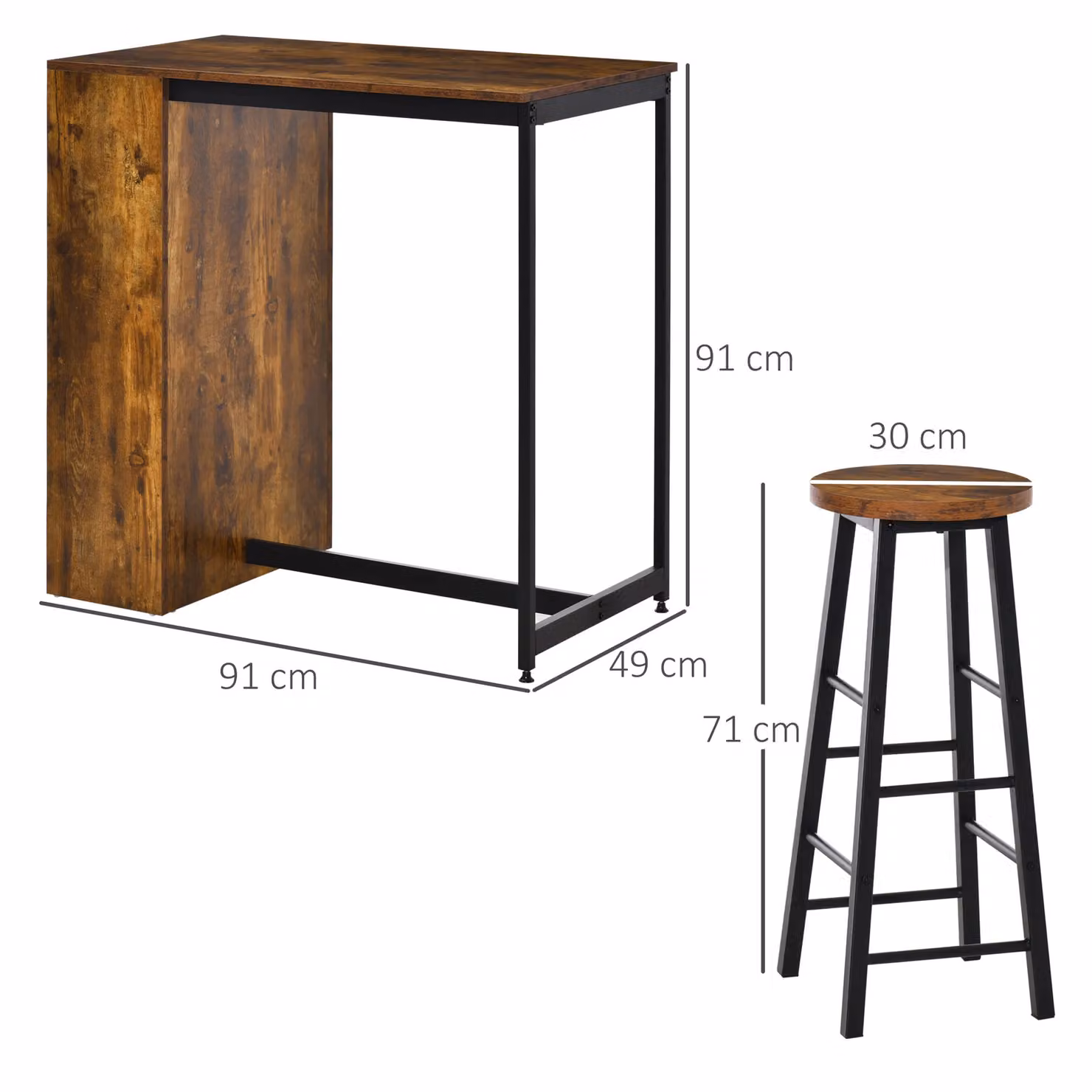 HOMCOM 3 Piece Bar Table Set with 2 Stools and Storage Shelf in Dark Brown and Black – 3