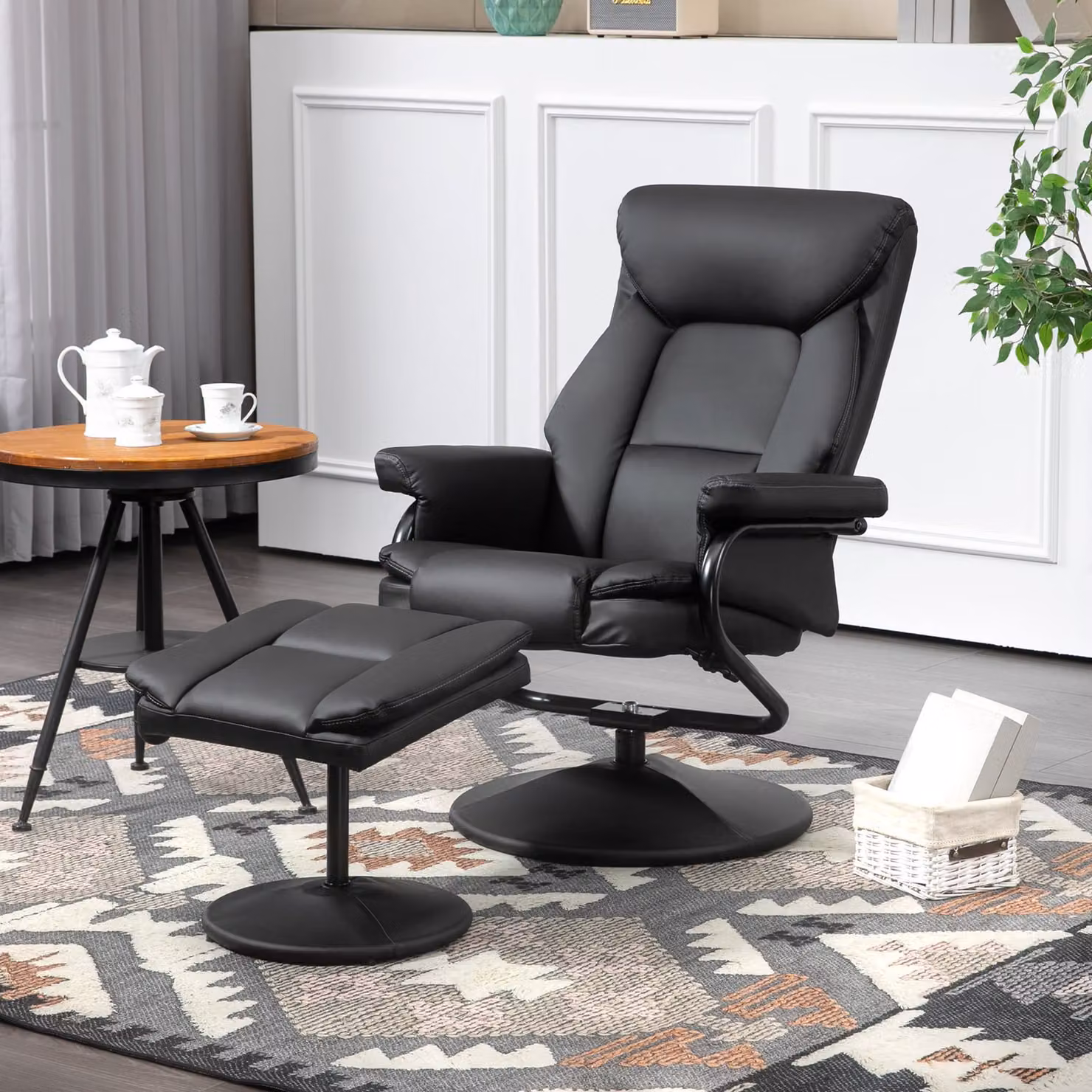 HOMCOM Black PU Leather Swivel Recliner Chair with Ottoman and Steel Base – 2