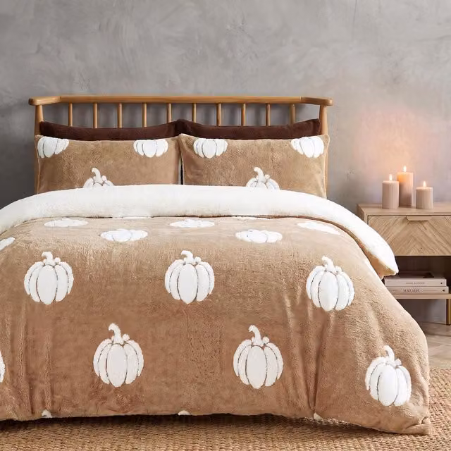 OHS Tufted Pumpkin Teddy Reversible Duvet Cover Set in Beige and Brown, W/D/H: 200 x 220 cm