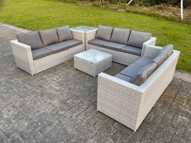 Fimous Light Grey PE Rattan Garden Furniture Set with Wicker Sofa, Square Coffee Table and Side Table