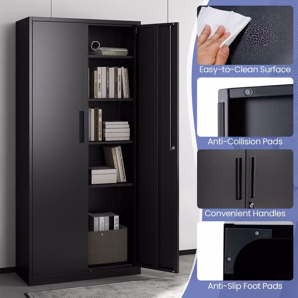 Gymax Lockable 2-Door Steel Tool Cabinet and Pantry in Black, W/D/H: 80 x 40 x 180 cm – 3