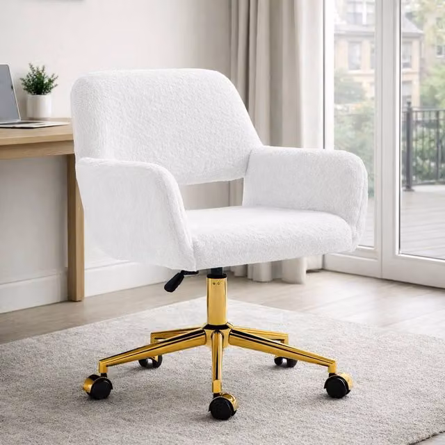 ERGOVEXA Faux Fur Rabbit Task Chair in Beige and White with 360 Degree Swivel and Castors
