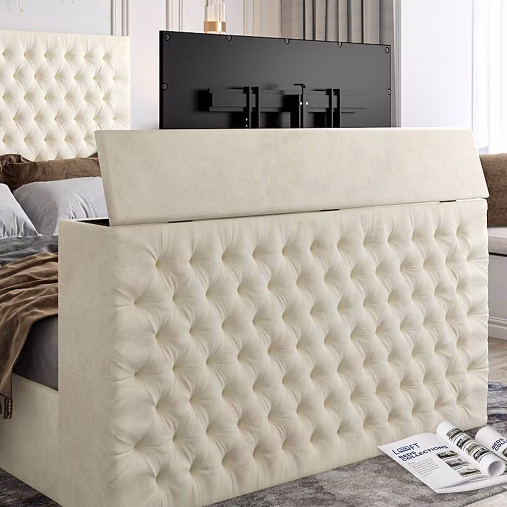 KDMD Angram Upholstered Soft Velvet TV Bed Frame in Cream, Super King Size – 4