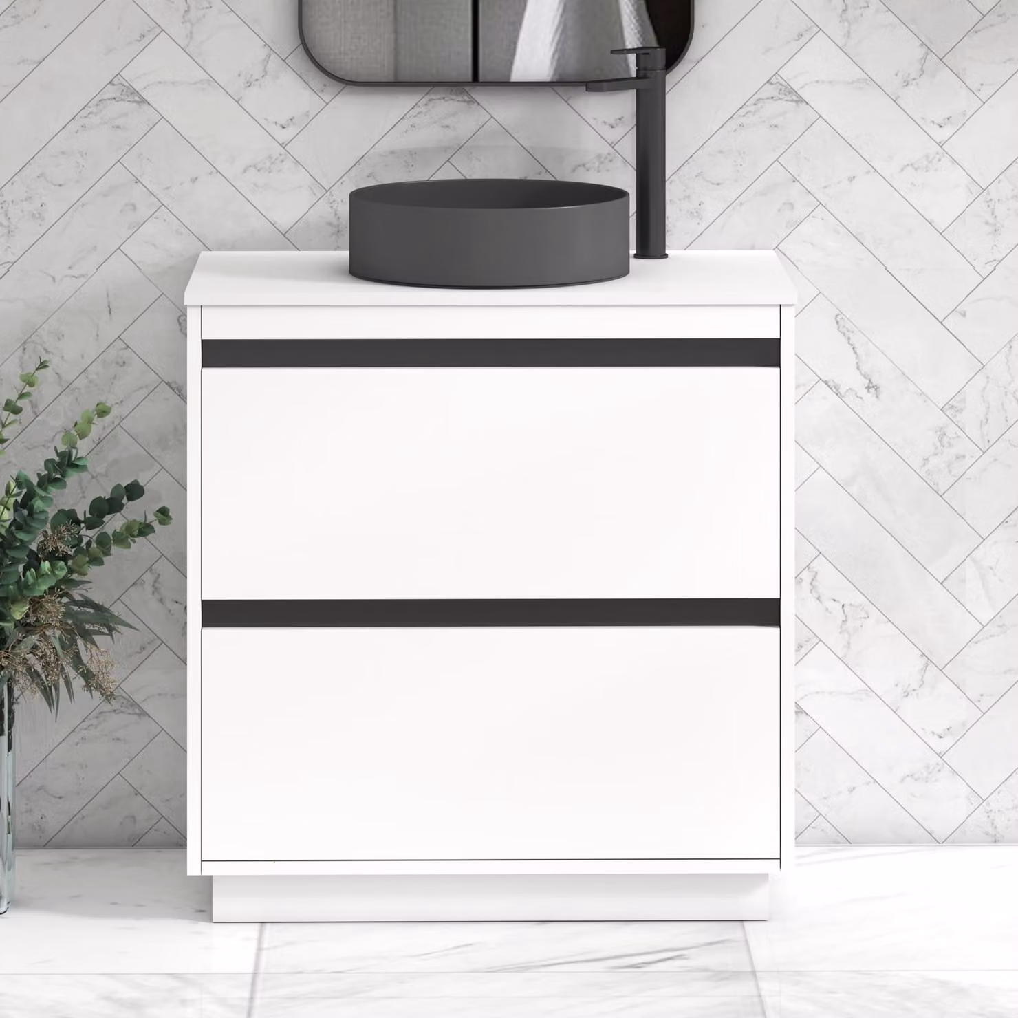 Royal Bathrooms Orion 800mm Matt White Floor Standing 2 Drawer Vanity Unit with Art Round Basin and Black Accent Trim