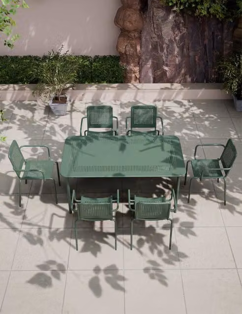 Royalcraft Porto 6 Seater Rectangular Garden Table and Chairs Set in Matt Green Powder Coated Steel
