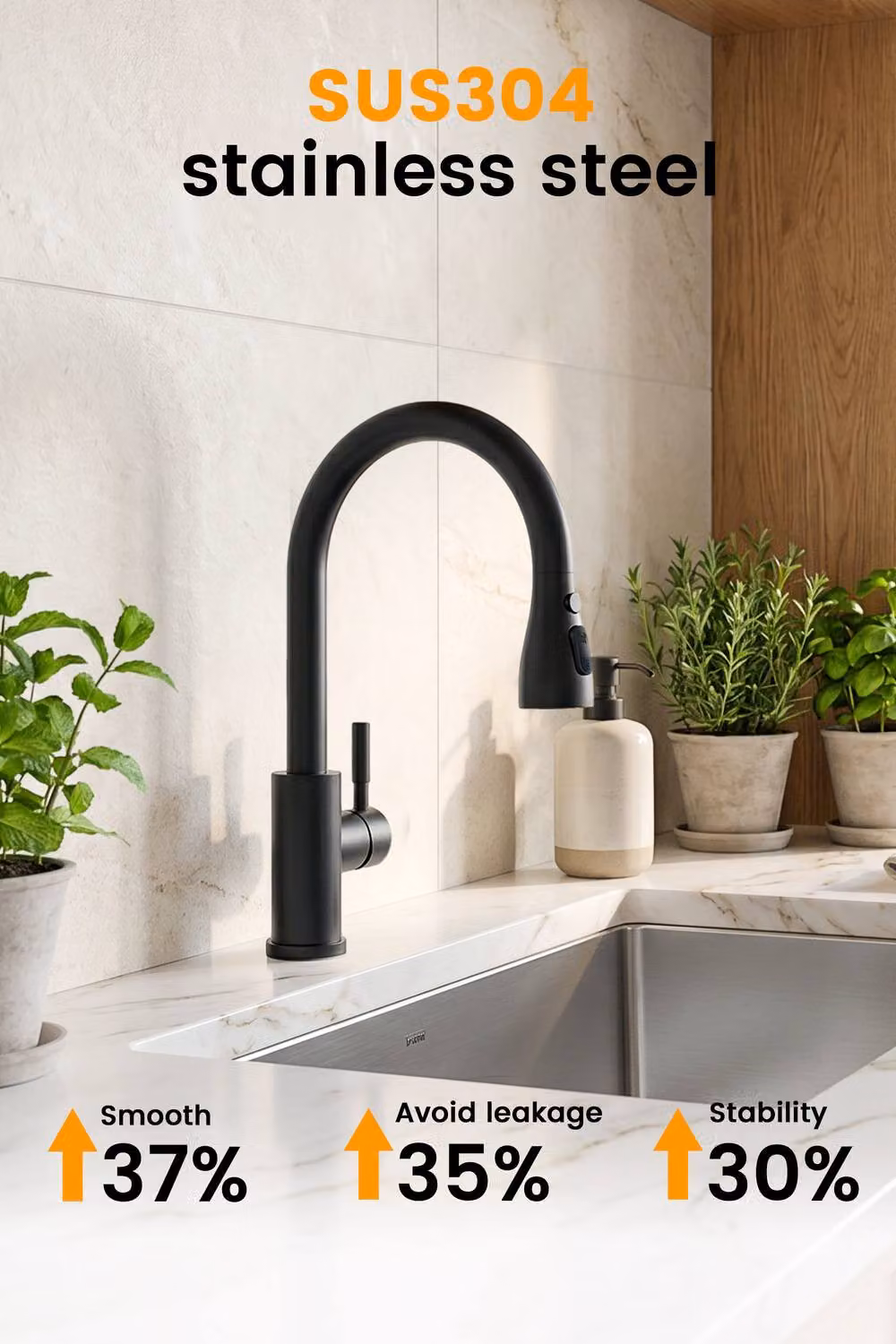 JANLEMNY Matt Black Stainless Steel Kitchen Mixer Tap with Pull-Out Spray and Swivel Spout – 6