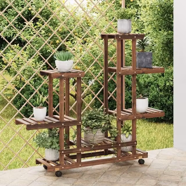 Berkfield Home Retro Flower Stand with Wheels in Brown Solid Wood, W/D/H: 95 x 25 x 101 cm – 1