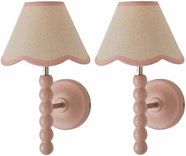 ValueLights Bobbins Pair of Pale Pink Wall Lights with Fabric Cone Shades and Bulbs Included