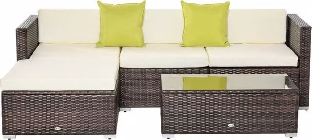 Outsunny Brown 4-Seater L-Shape Rattan Garden Sofa Set with Coffee Table and Upholstered Cushions – 1