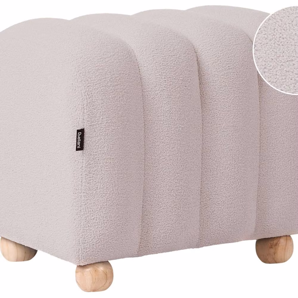 Wyld and Coco Off-White Boucle Round Ottoman with Rubberwood Legs – 1