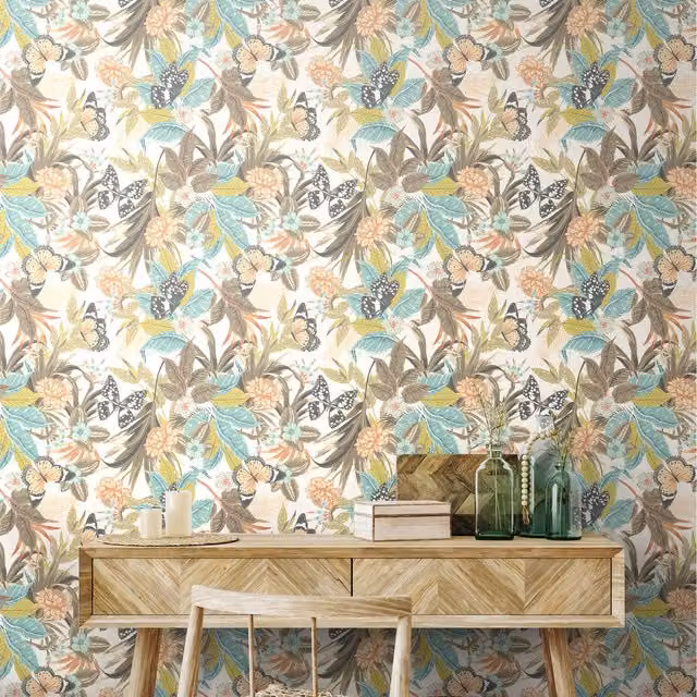 Hoopla Walls Paradise Wallpaper in Moss and Peach Multicolour