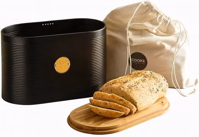 Cooks Professional Ribbed Bread Bin in Black and Gold with Bamboo Cutting Board Lid and Linen Bag – 1