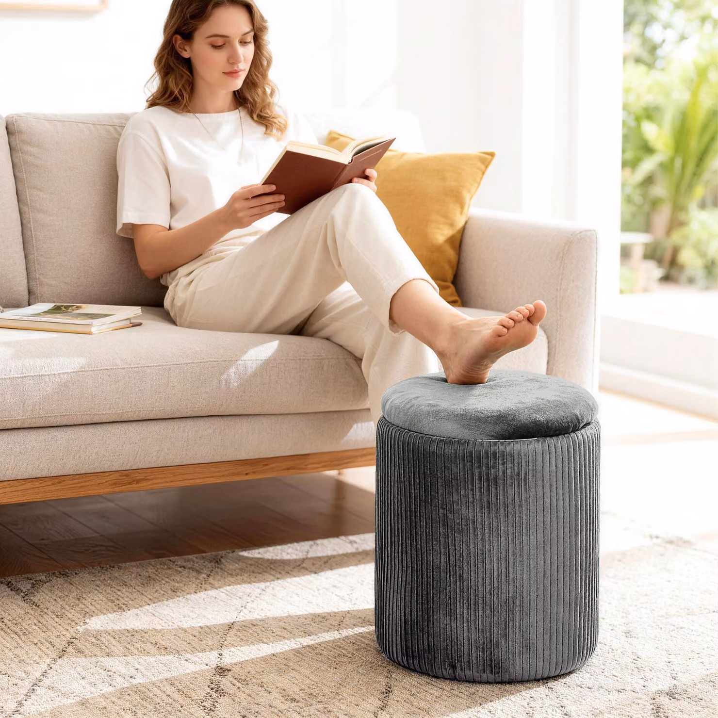 HOMCOM Modern Velvet Round Storage Ottoman Foot Stool in Grey, Diameter: 45 cm – 6