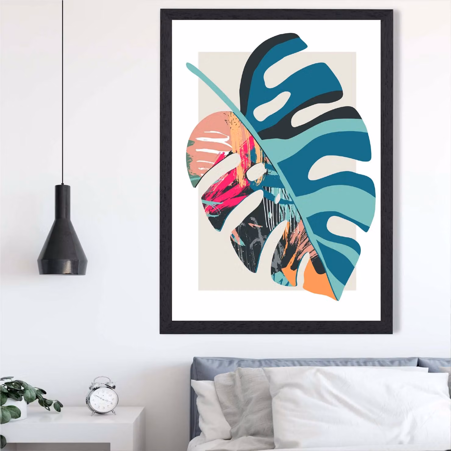 ARTZE Monstera Blue and Pink Boho Botanical Framed Print, A4, Black Frame, Mid Blue – 2