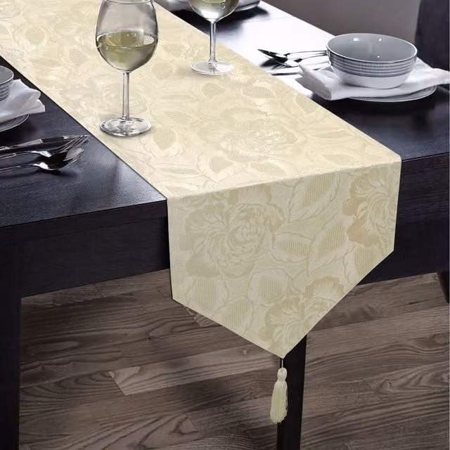 Intimates Luxury Rose Damask Floral Table Runner in Beige and Yellow, W: 33.03 cm, L: 177.8 cm
