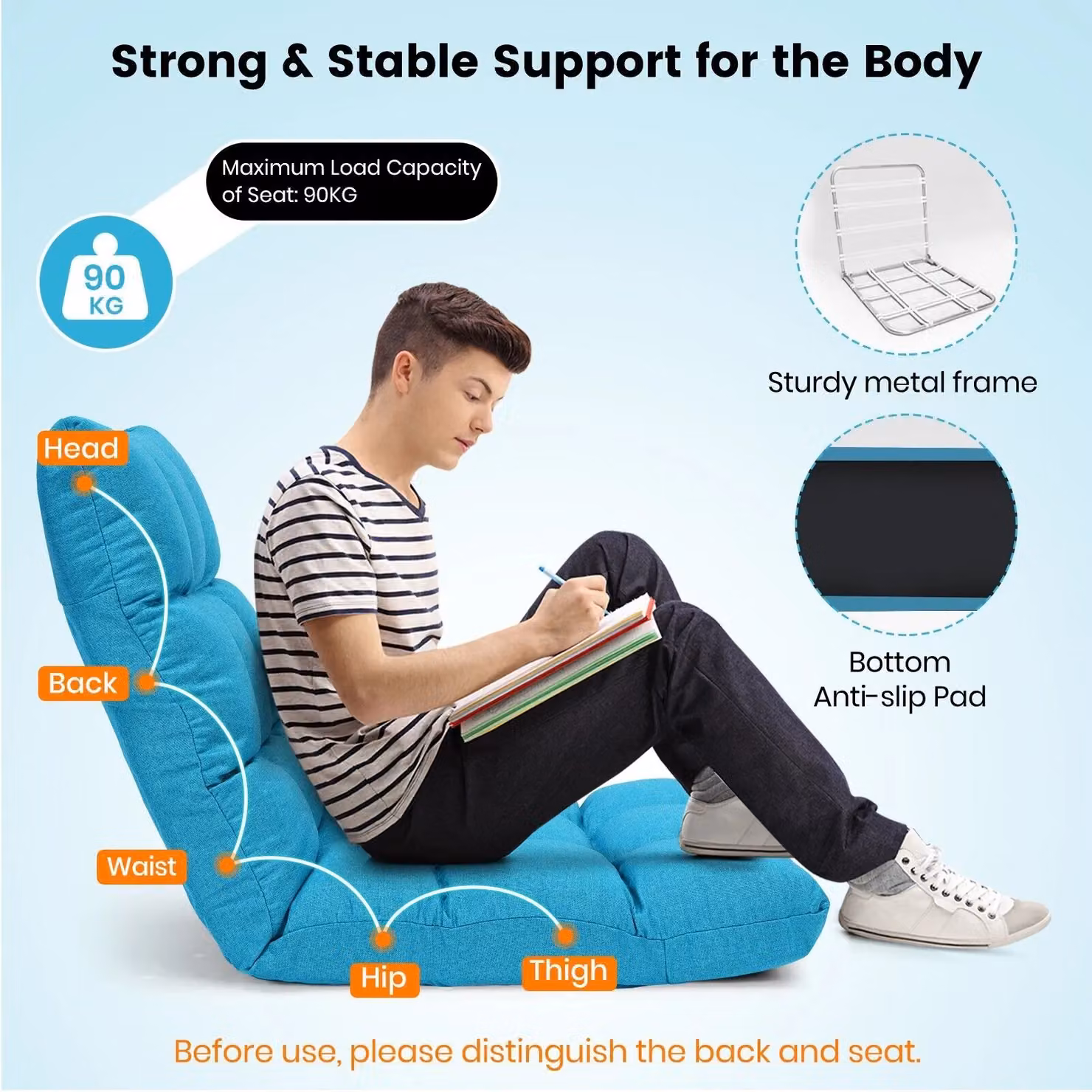 Costway 14-Position Adjustable Floor Chair and Padded Gaming Sofa Recliner in Light Blue – 6