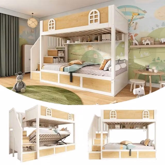 BTM Kids Two-Level Bunk Bed with Stairs and Side Storage, White and Multicolour, W/D/H: 190 x 90 x 152 cm – 1