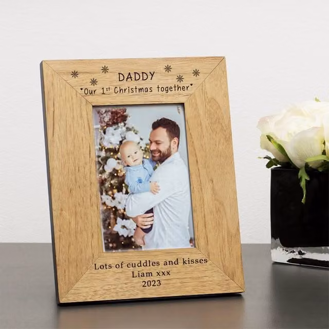 Uniqueful Men's Personalised Daddy Our 1st Christmas Together Wood Picture Frame, Brown, W/H: 19.5 x 19.5 cm