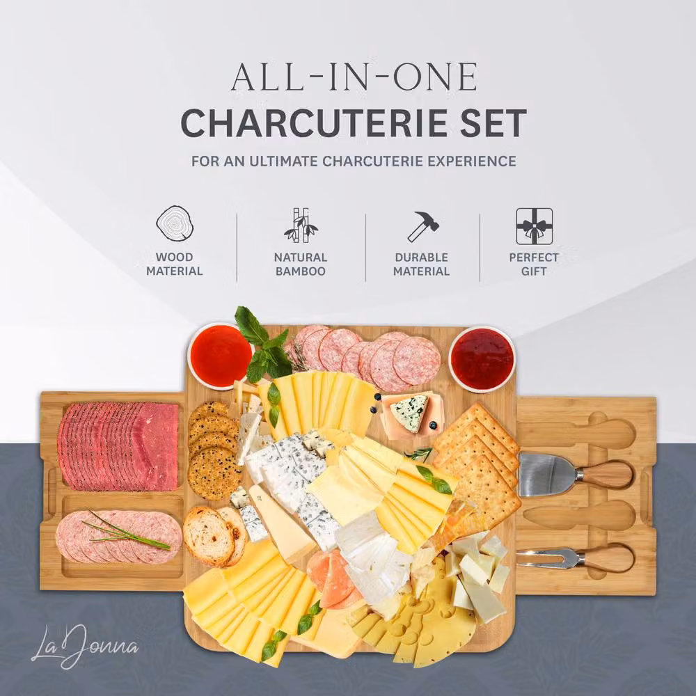 La Donna Light Brown Bamboo Cheese Board with Drawer, Ceramic Bowls and Cutting Tools – 2