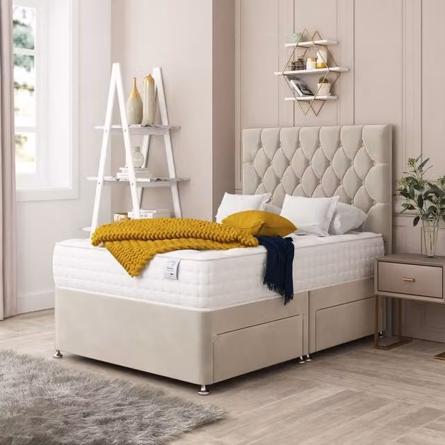 Bed Choices Monaco Bed Set with Mattress and Headboard in Cream Velvet Fabric, W/D/H: 120 x 200 cm