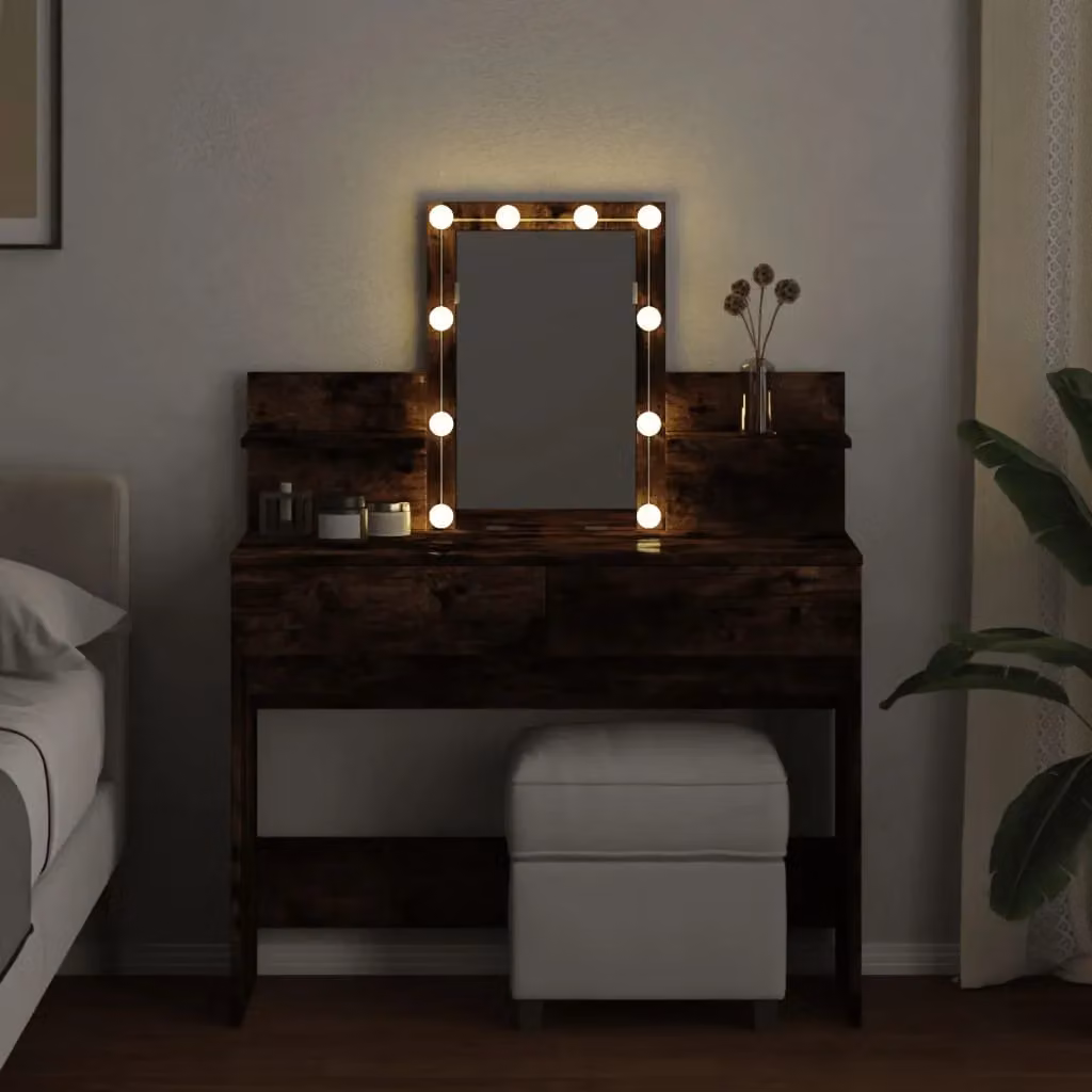 Berkfield Home Hollywood LED Dressing Table in Smoked Oak Brown, W/D/H: 100 x 40 x 130 cm – 3