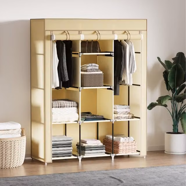 HOMCOM Portable Fabric Wardrobe and Clothes Storage Unit with 8 Shelves and Hanging Rod in Beige