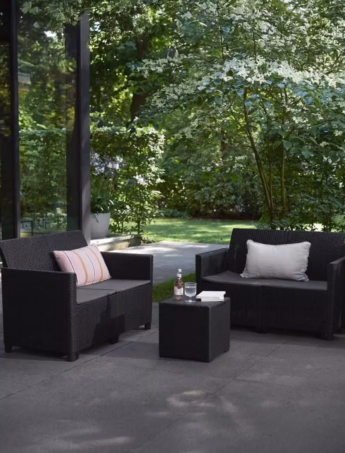 Keter Marie Modern Outdoor Garden Furniture Set with 2 Seater Sofa, Coffee Table and Upholstered Cushions in Grey and Black