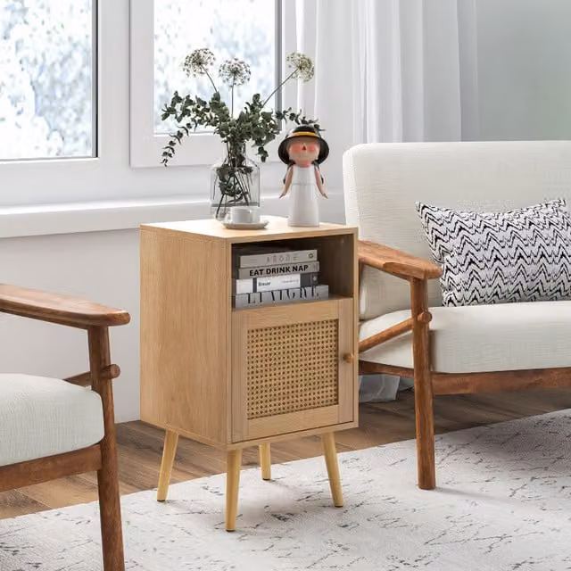 Costway Set of 2 Scandinavian Style Rattan and Wood Bedside Tables in Brown