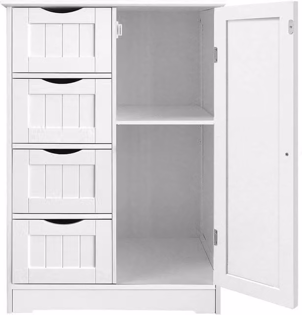 Nordara White Free Standing 1 Door Bathroom Storage Unit with 4 Drawers
