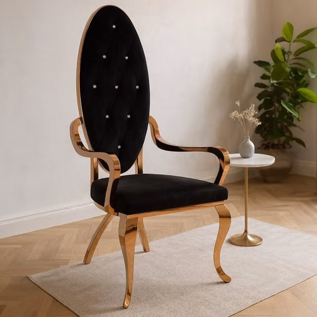 Interiors by Premier Novara Black Velvet and Rose Gold Baroque Armchair