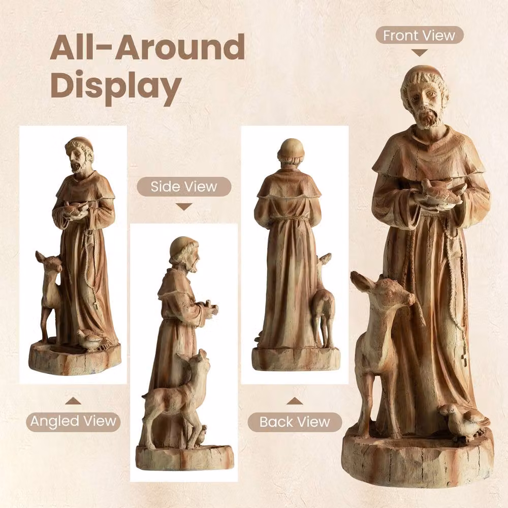 Gymax St. Francis Patron of Animals Statue with Bird Feeder, Brown Stone Sculpture, Height: 62 cm – 5