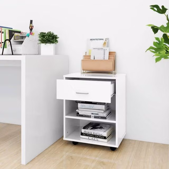 Berkfield Home Rolling Cabinet in High Gloss White, W/D/H: 46 x 36 x 59 cm