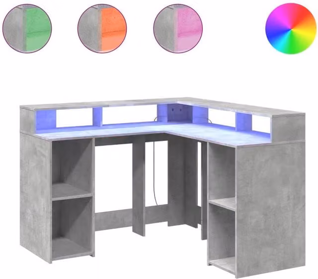 Berkfield Home Corner Desk with LED Lights in Concrete Grey, W/D/H: 130 x 130 x 91 cm