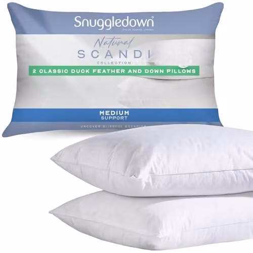 Snuggledown 2 Pack White Duck Feather and Down Pillows with Medium Support and Cotton Cover, W: 48 cm, D: 74 cm – 1