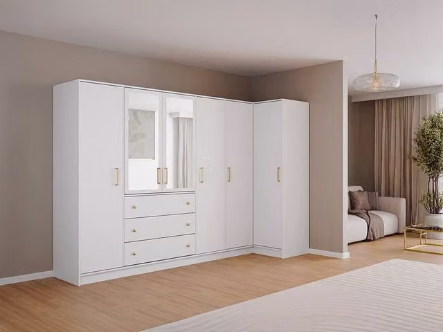 Vente-unique Modern White Corner Wardrobe with 6 Mirrored Doors and 3 Internal Drawers, W: 311 cm, H: 200 cm, D: 58 cm